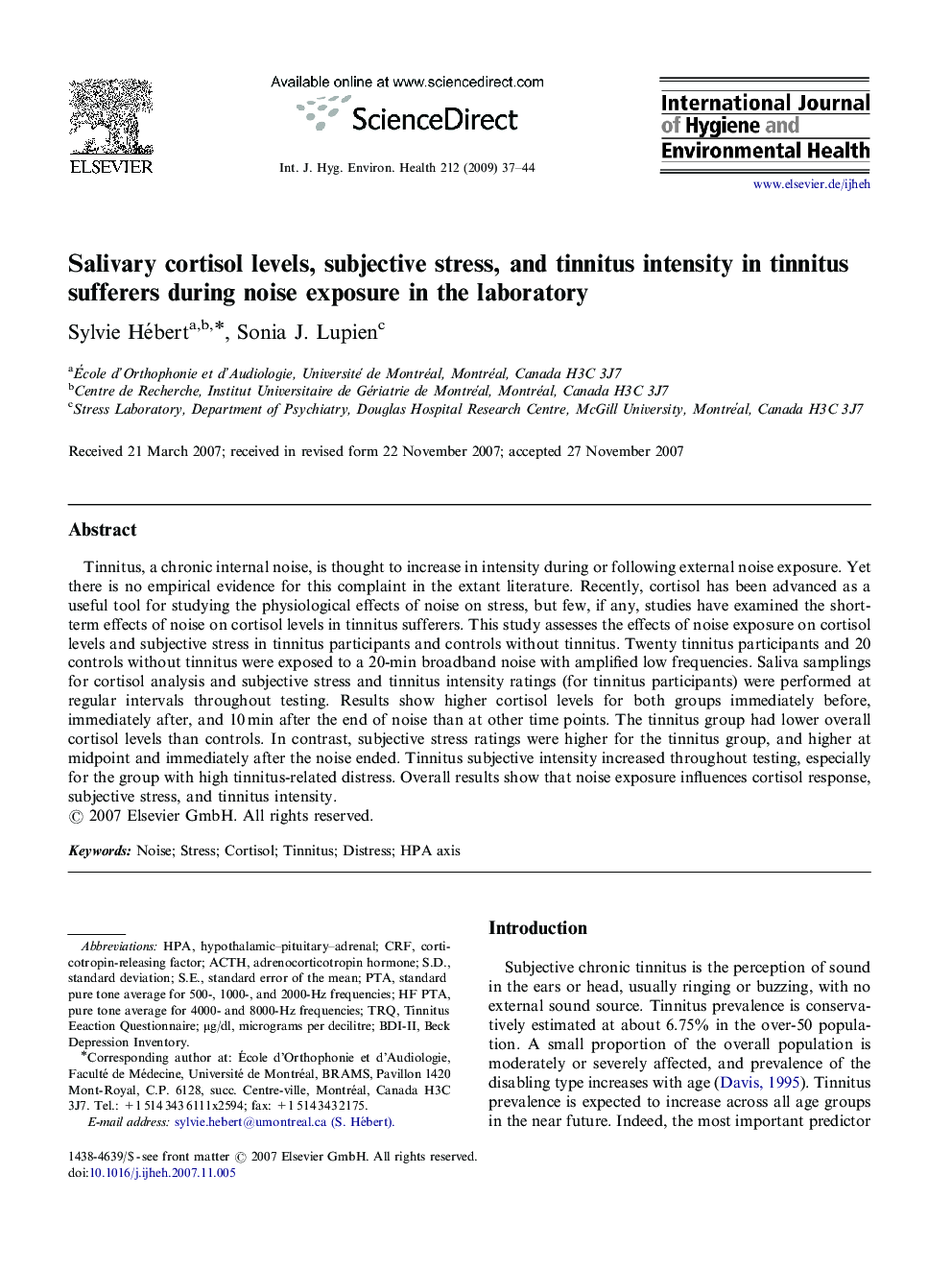 Salivary cortisol levels, subjective stress, and tinnitus intensity in tinnitus sufferers during noise exposure in the laboratory