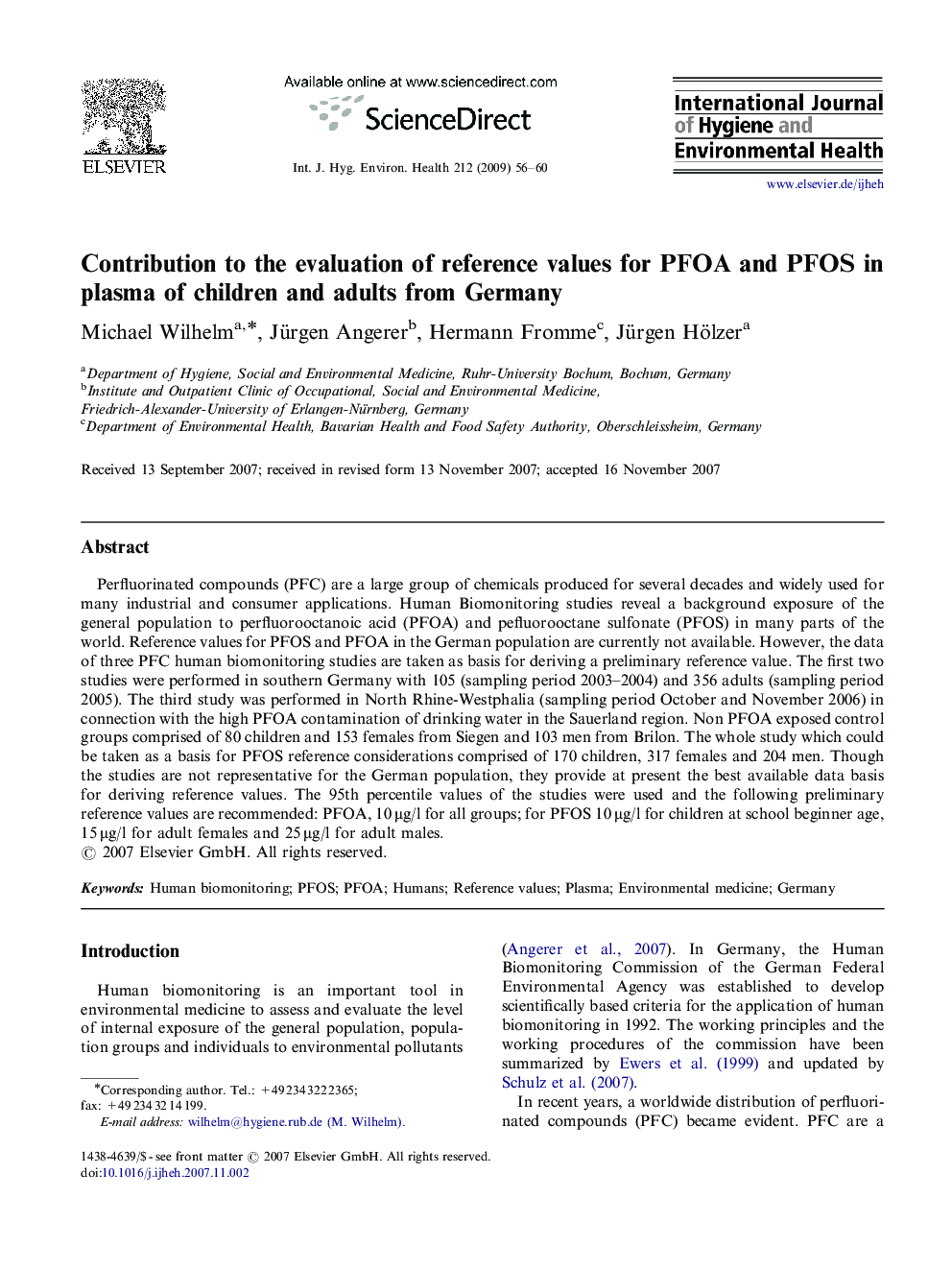 Contribution to the evaluation of reference values for PFOA and PFOS in plasma of children and adults from Germany