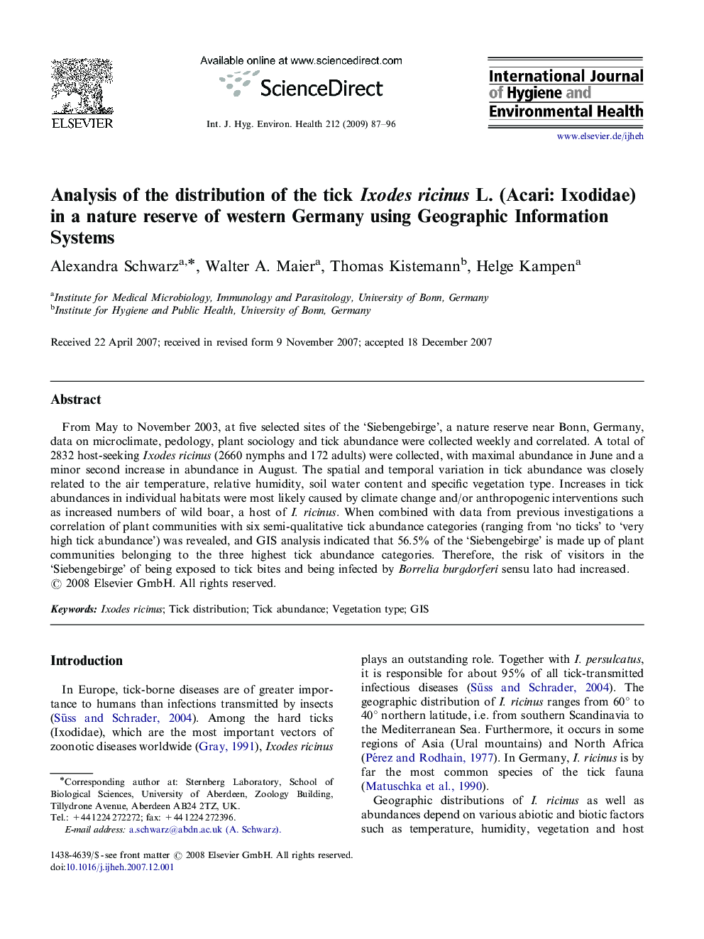 Analysis of the distribution of the tick Ixodes ricinus L. (Acari: Ixodidae) in a nature reserve of western Germany using Geographic Information Systems