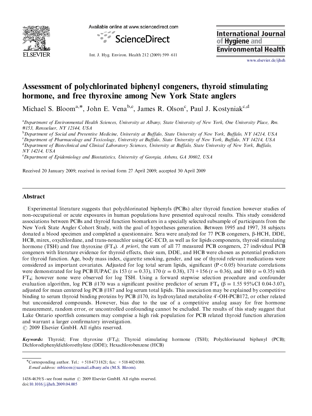 Assessment of polychlorinated biphenyl congeners, thyroid stimulating hormone, and free thyroxine among New York State anglers