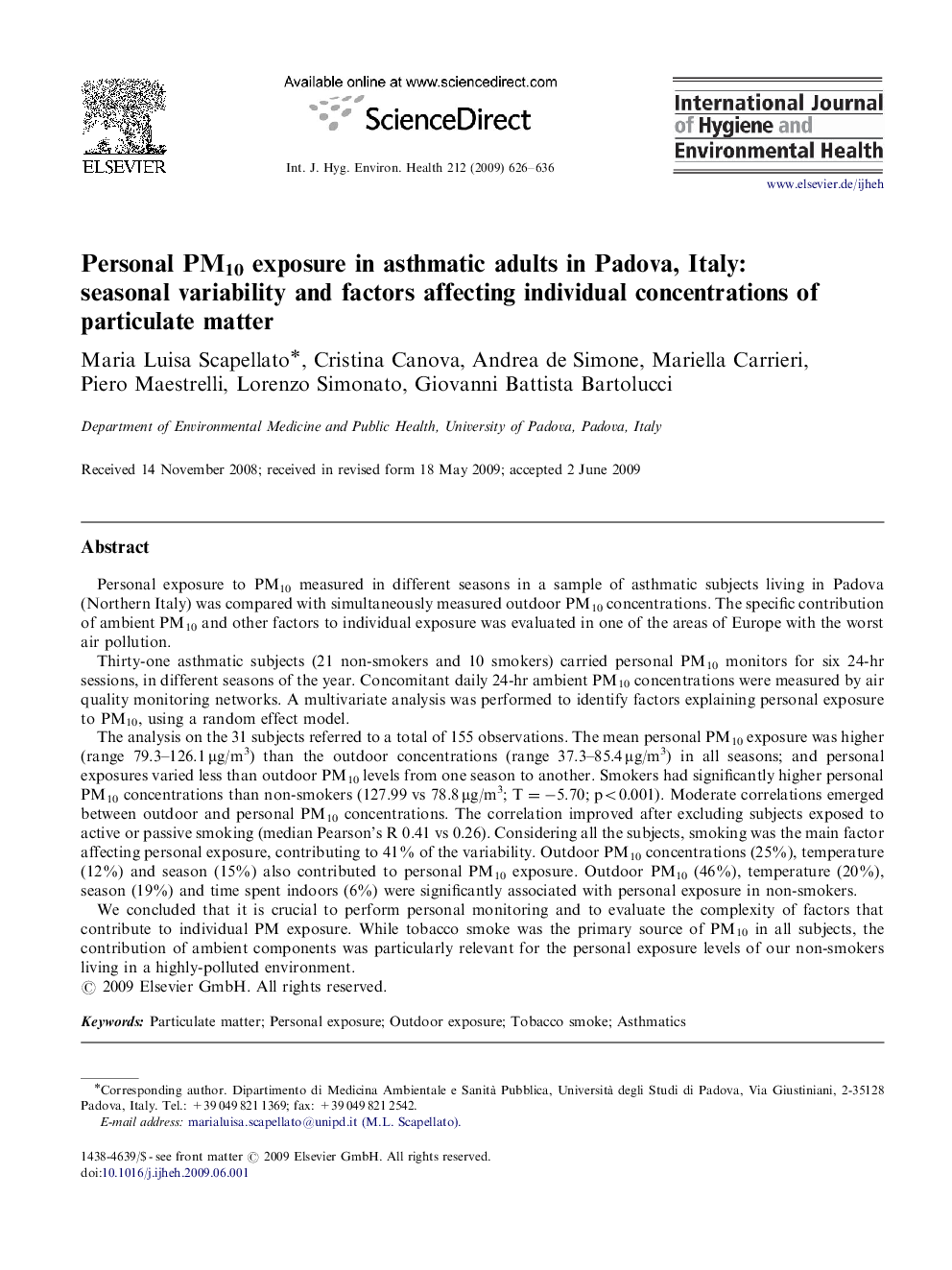 Personal PM10 exposure in asthmatic adults in Padova, Italy: seasonal variability and factors affecting individual concentrations of particulate matter