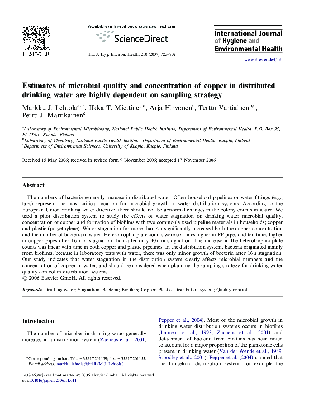 Estimates of microbial quality and concentration of copper in distributed drinking water are highly dependent on sampling strategy