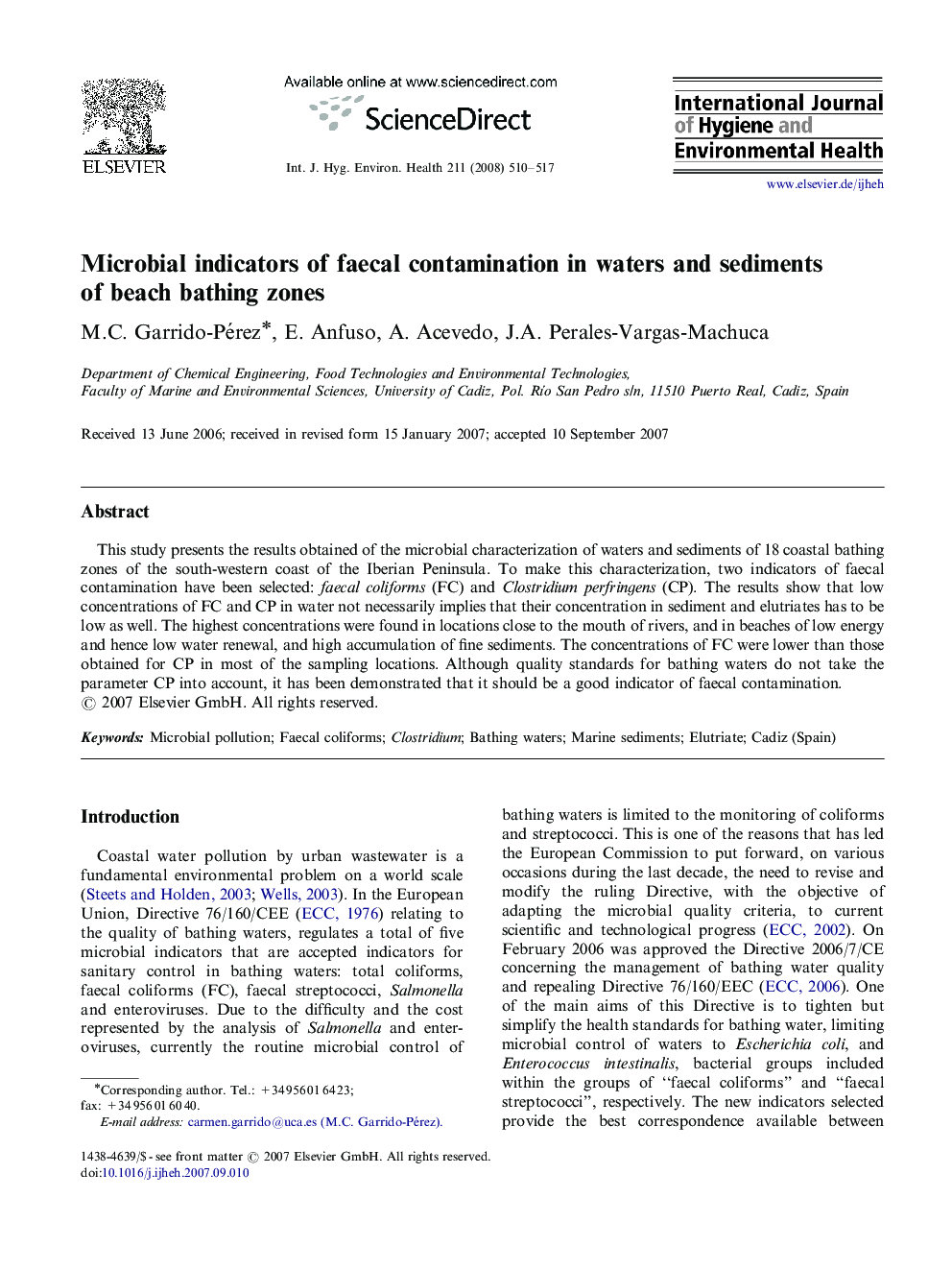 Microbial indicators of faecal contamination in waters and sediments of beach bathing zones