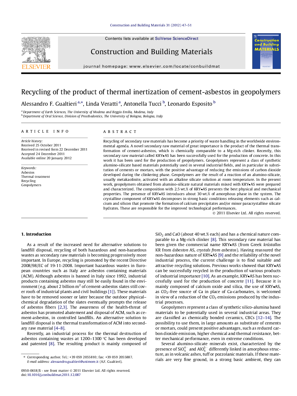 عکس صفحه اول مقاله: Recycling of the product of thermal inertization of cement-asbestos in geopolymers Recycling of the product of thermal inertization of cement-asbestos in geopolymers