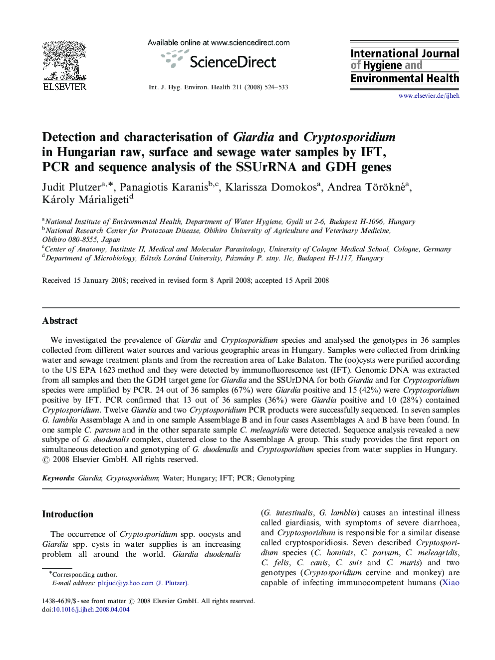 Detection and characterisation of Giardia and Cryptosporidium in Hungarian raw, surface and sewage water samples by IFT, PCR and sequence analysis of the SSUrRNA and GDH genes