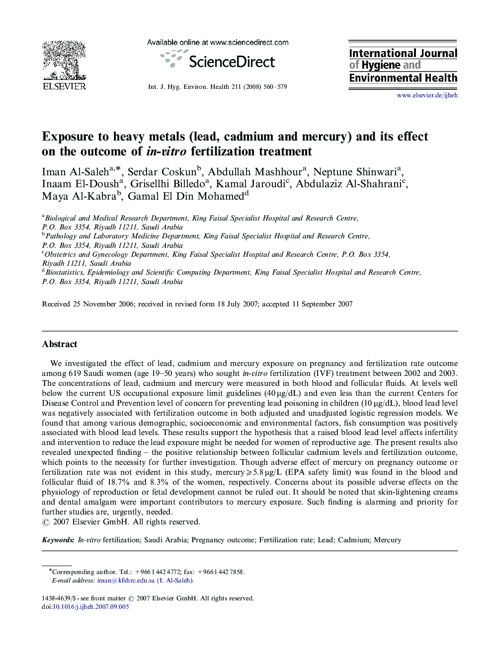 Exposure to heavy metals (lead, cadmium and mercury) and its effect on the outcome of in-vitro fertilization treatment