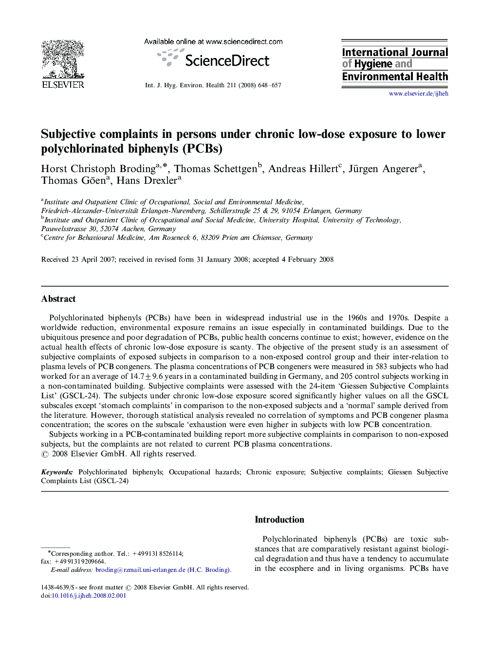 Subjective complaints in persons under chronic low-dose exposure to lower polychlorinated biphenyls (PCBs)