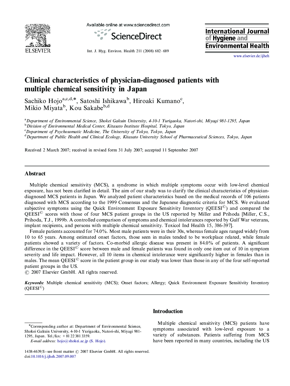 Clinical characteristics of physician-diagnosed patients with multiple chemical sensitivity in Japan