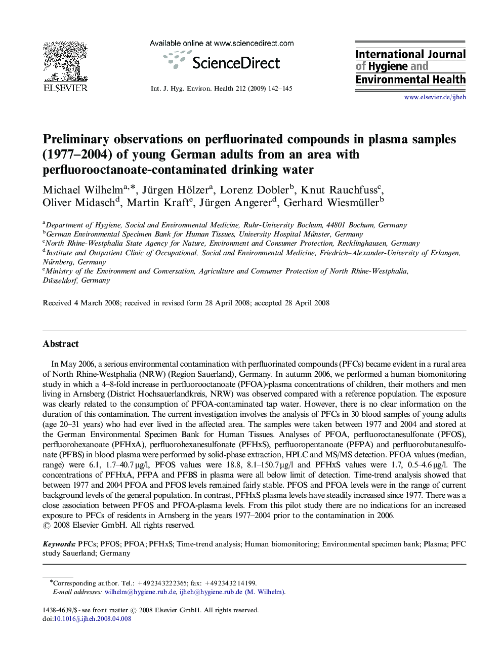 Preliminary observations on perfluorinated compounds in plasma samples (1977–2004) of young German adults from an area with perfluorooctanoate-contaminated drinking water