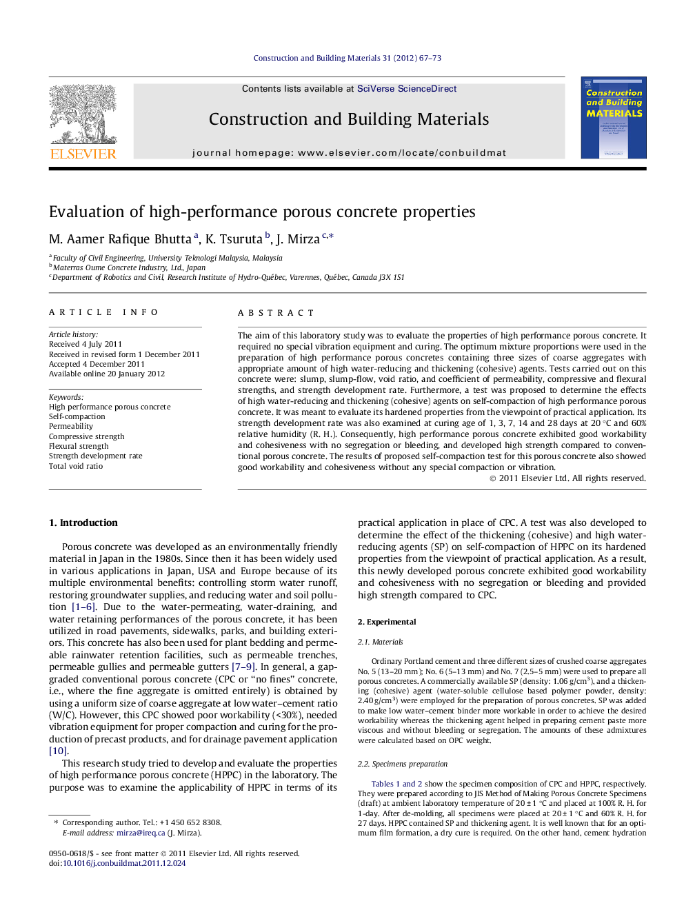 Evaluation of high-performance porous concrete properties