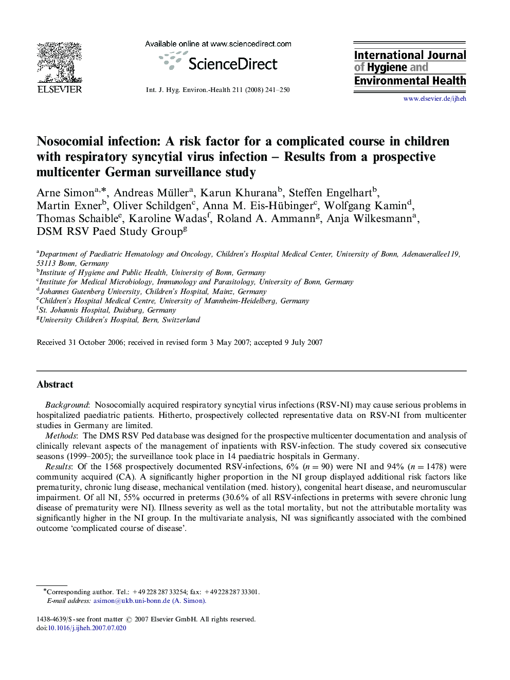 Nosocomial infection: A risk factor for a complicated course in children with respiratory syncytial virus infection – Results from a prospective multicenter German surveillance study