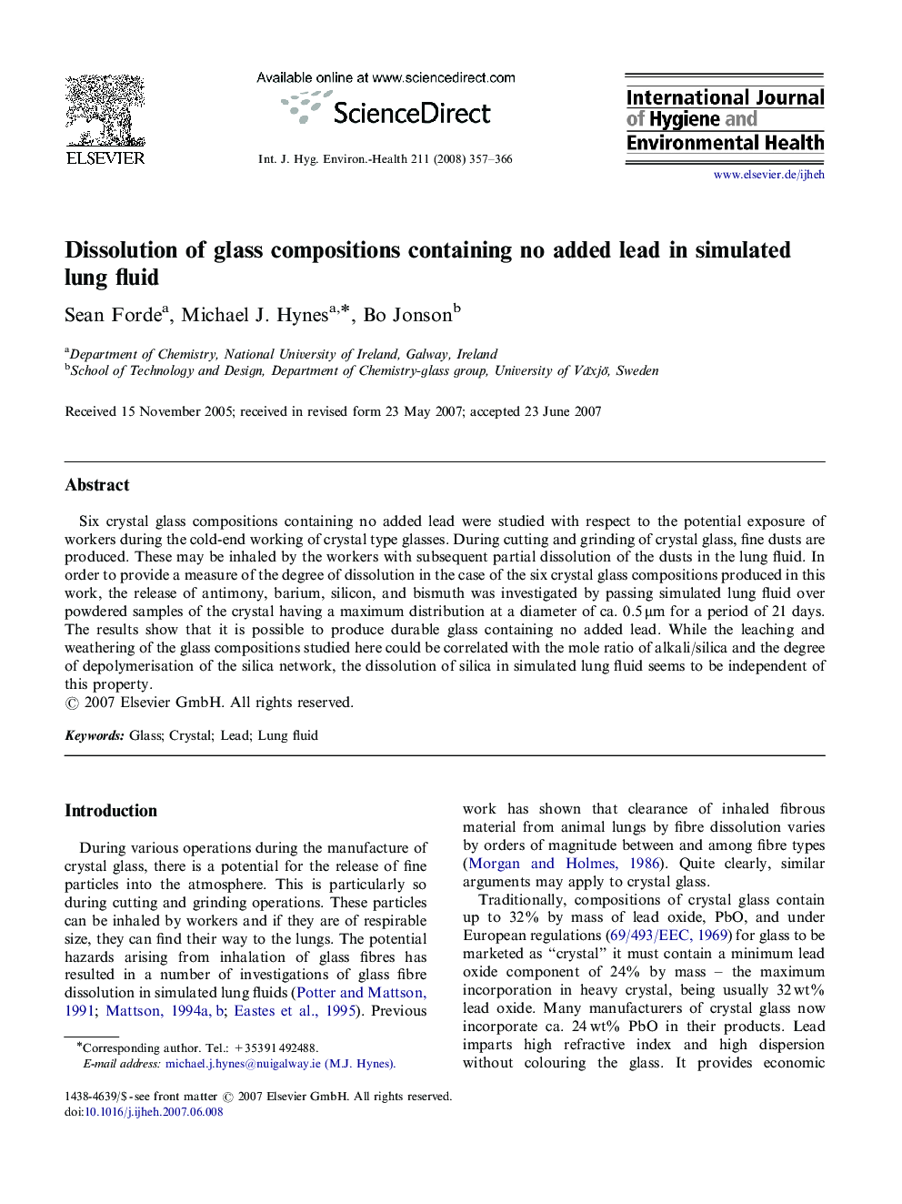 Dissolution of glass compositions containing no added lead in simulated lung fluid