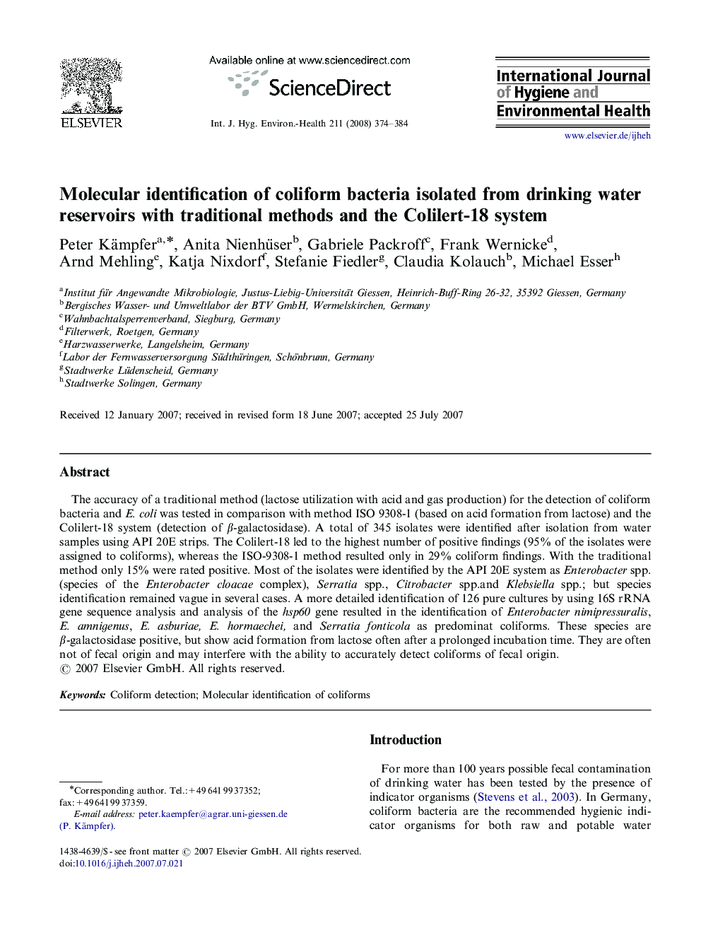 Molecular identification of coliform bacteria isolated from drinking water reservoirs with traditional methods and the Colilert-18 system