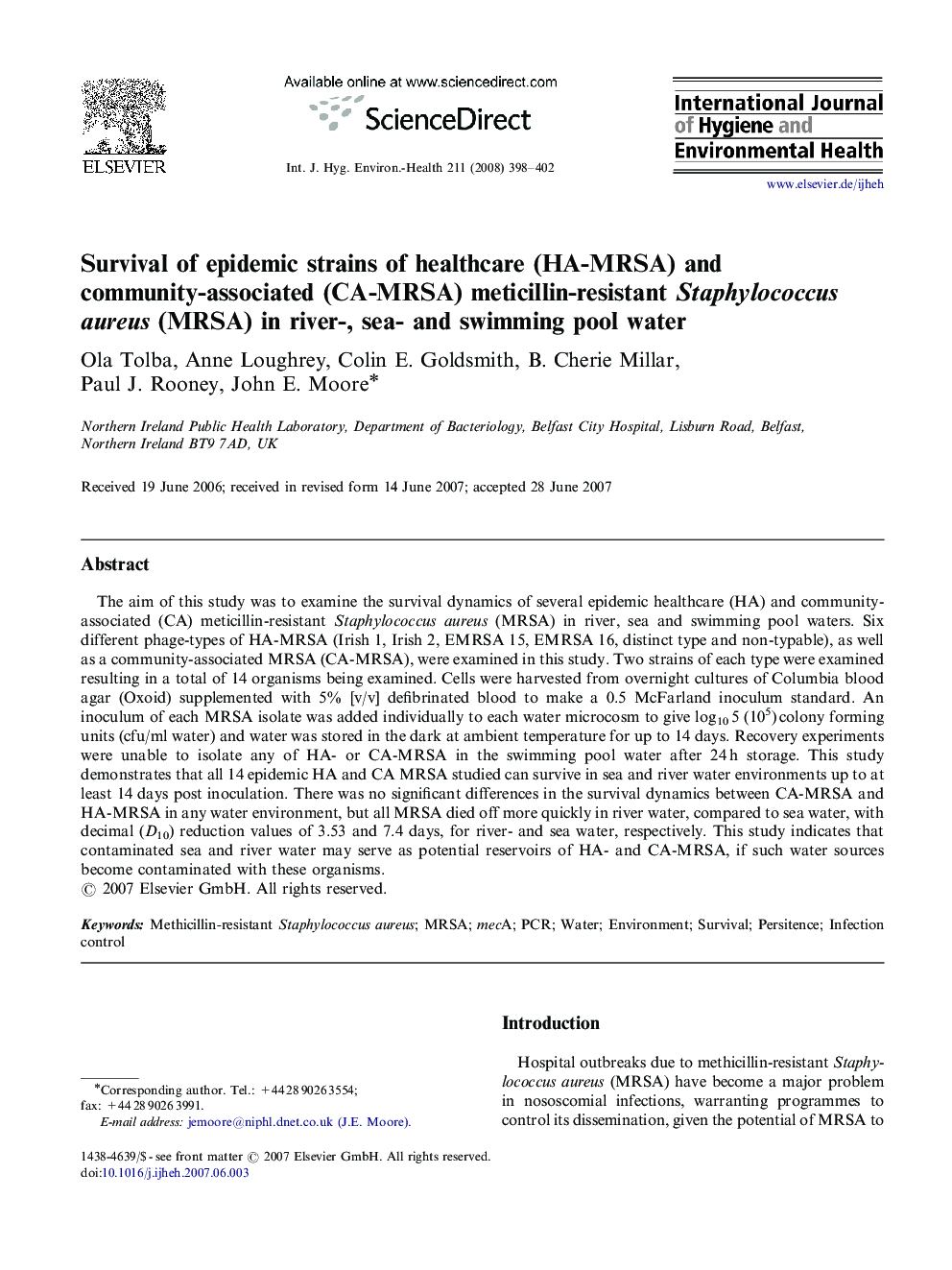 Survival of epidemic strains of healthcare (HA-MRSA) and community-associated (CA-MRSA) meticillin-resistant Staphylococcus aureus (MRSA) in river-, sea- and swimming pool water