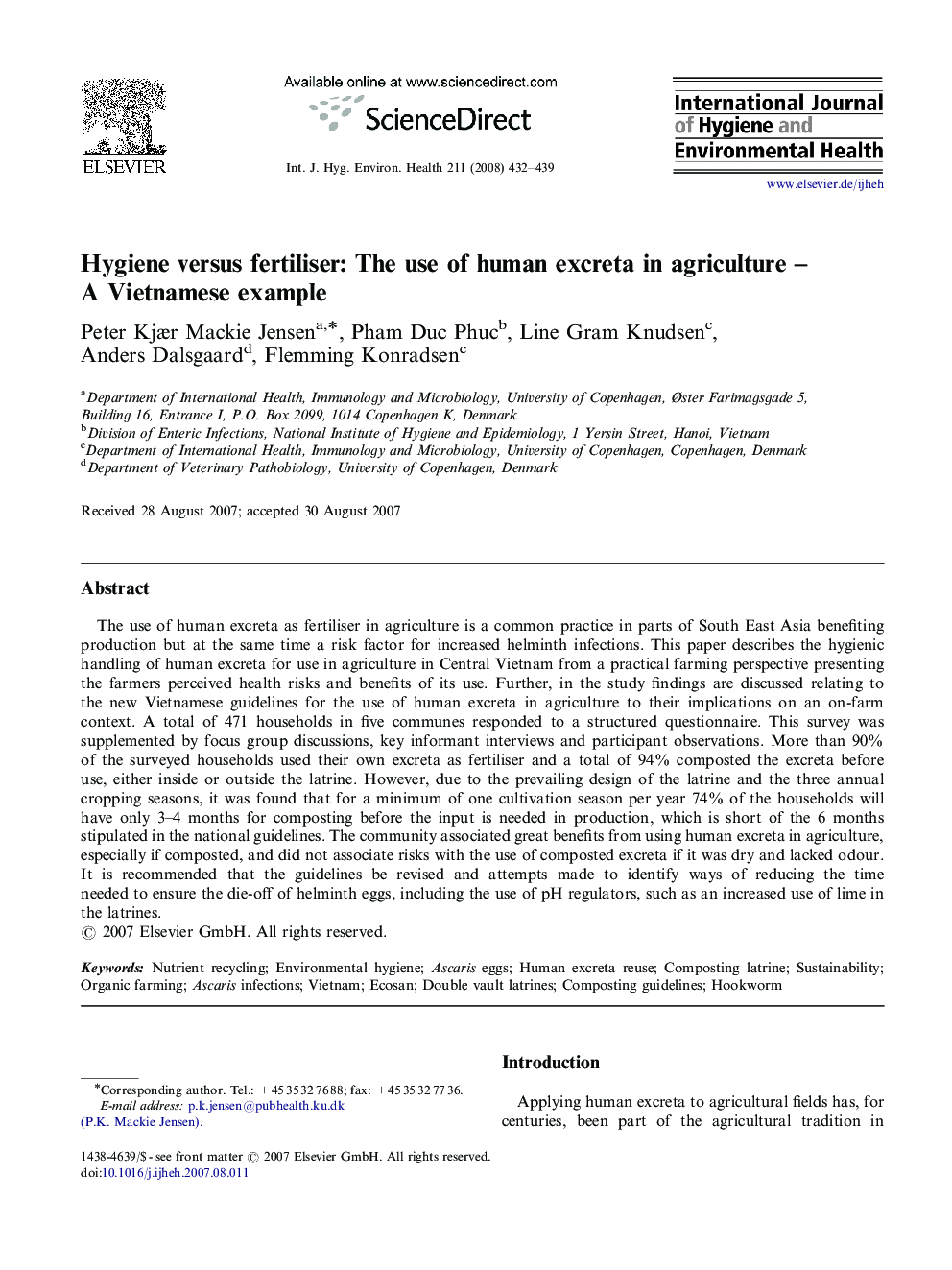 Hygiene versus fertiliser: The use of human excreta in agriculture – A Vietnamese example