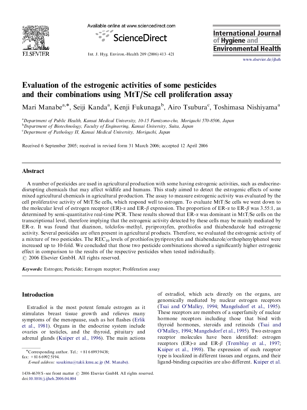 Evaluation of the estrogenic activities of some pesticides and their combinations using MtT/Se cell proliferation assay