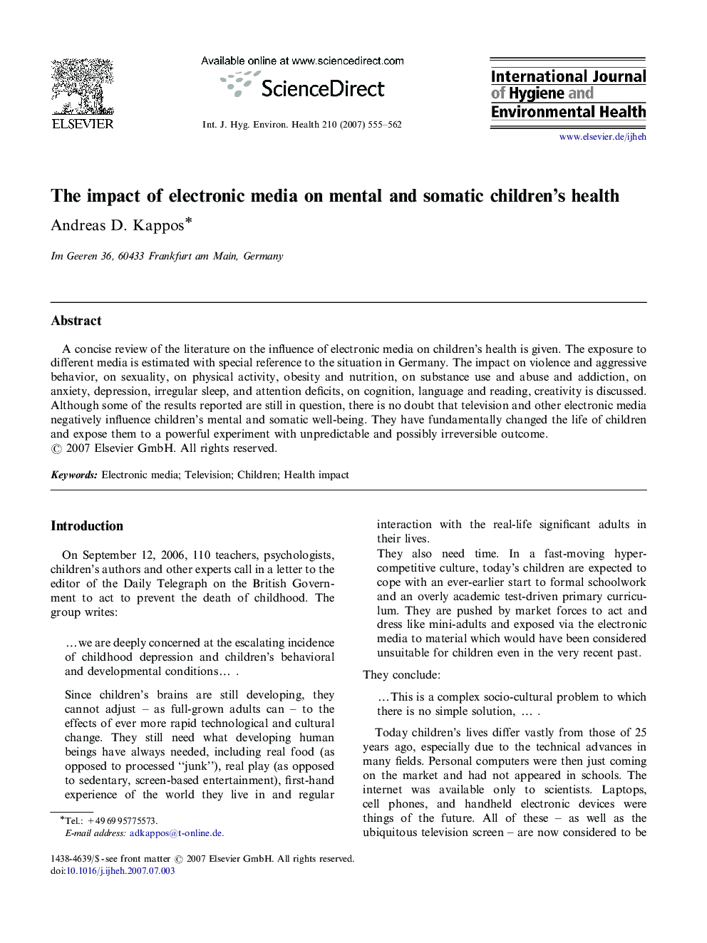 The impact of electronic media on mental and somatic children's health