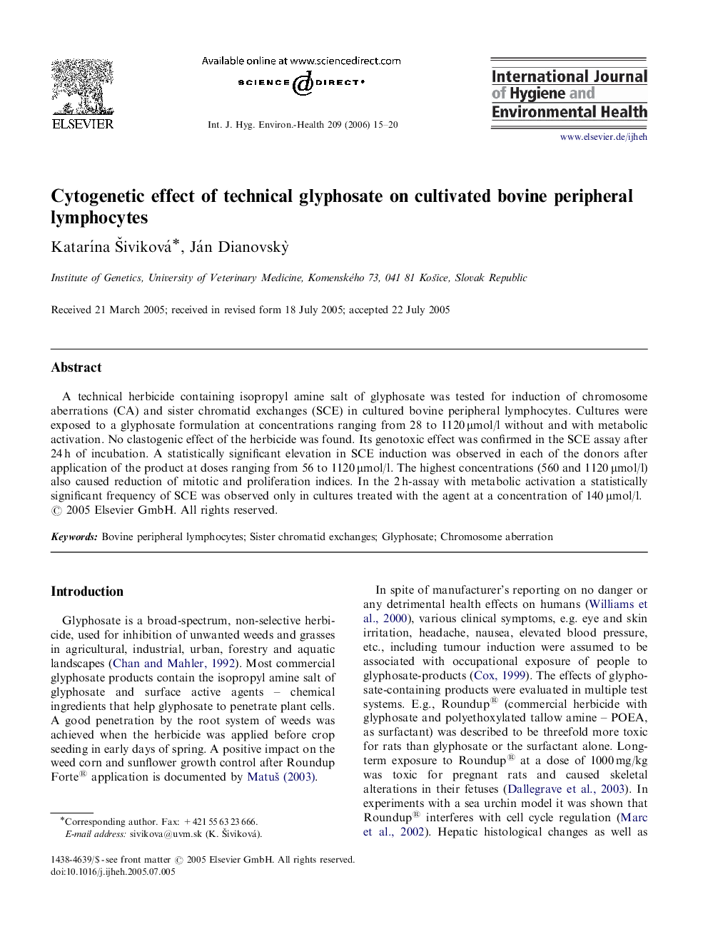 Cytogenetic effect of technical glyphosate on cultivated bovine peripheral lymphocytes