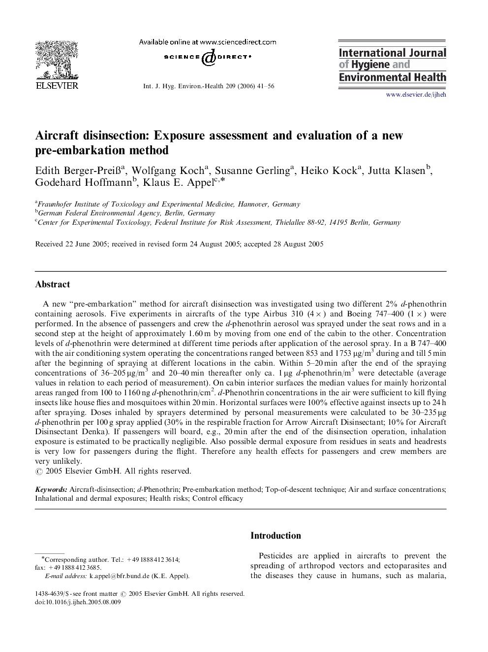 Aircraft disinsection: Exposure assessment and evaluation of a new pre-embarkation method