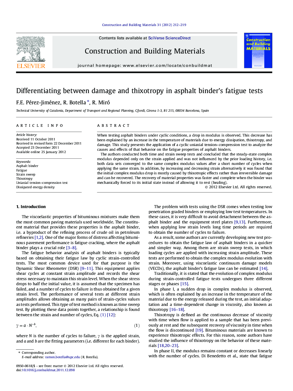 Differentiating between damage and thixotropy in asphalt binder’s fatigue tests