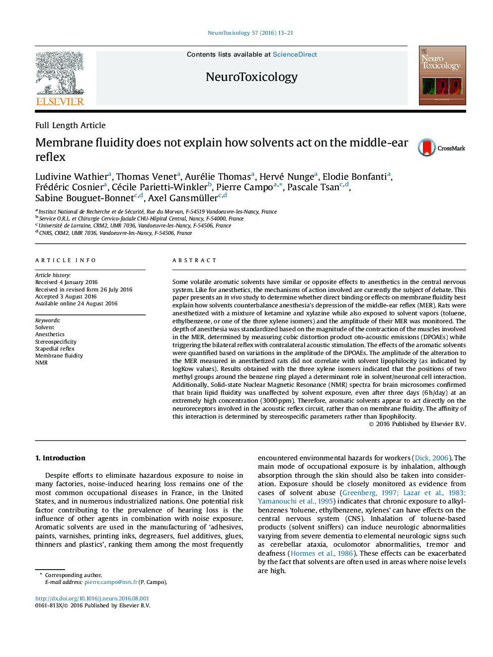 Membrane fluidity does not explain how solvents act on the middle-ear reflex