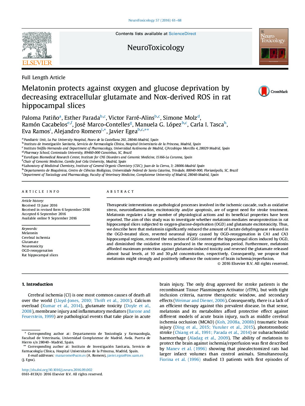 Melatonin protects against oxygen and glucose deprivation by decreasing extracellular glutamate and Nox-derived ROS in rat hippocampal slices