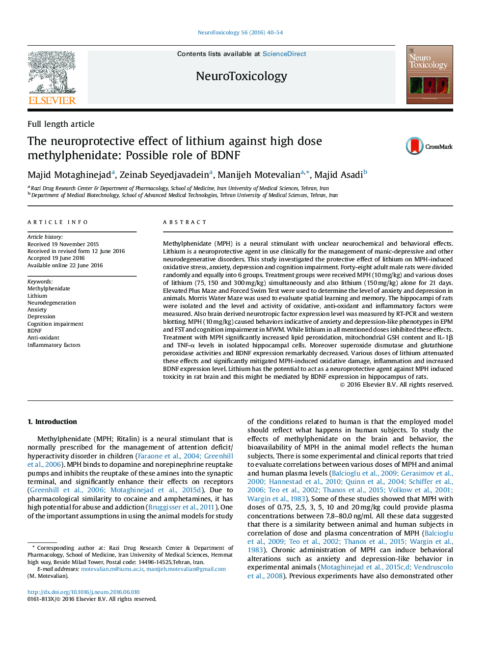 The neuroprotective effect of lithium against high dose methylphenidate: Possible role of BDNF