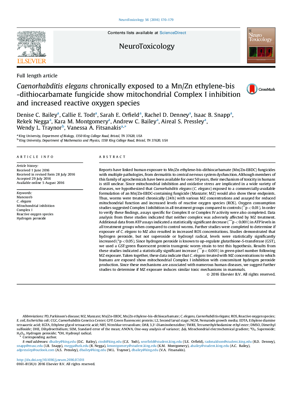 Caenorhabditis elegans chronically exposed to a Mn/Zn ethylene-bis-dithiocarbamate fungicide show mitochondrial Complex I inhibition and increased reactive oxygen species