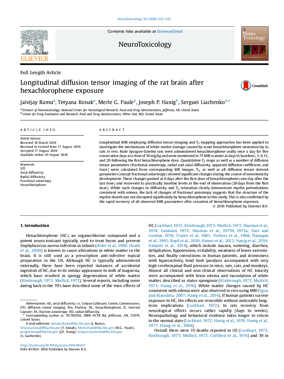 Longitudinal diffusion tensor imaging of the rat brain after hexachlorophene exposure