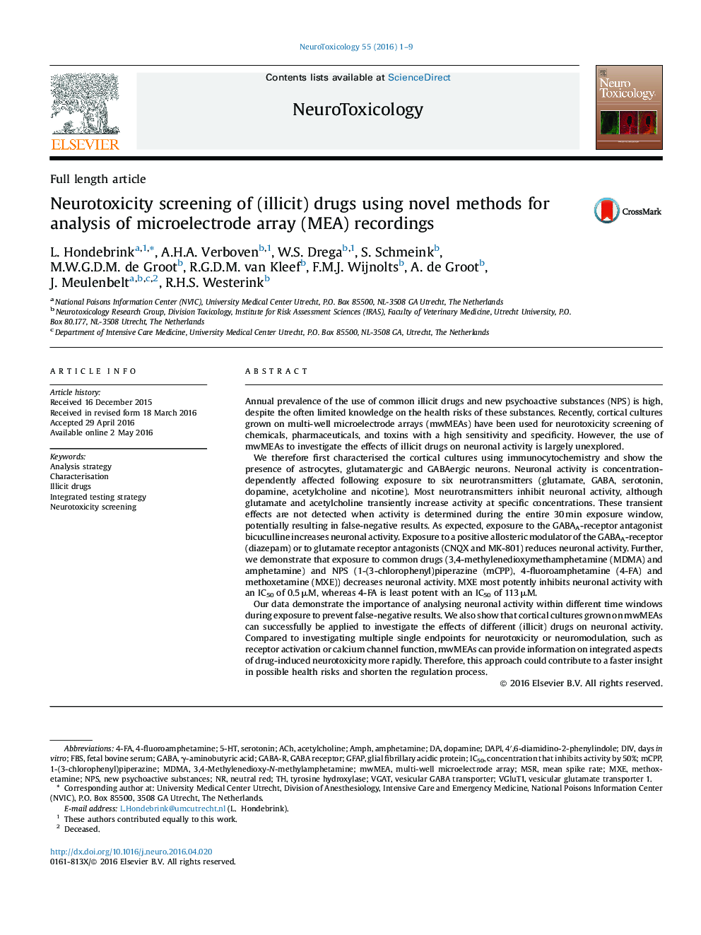 Neurotoxicity screening of (illicit) drugs using novel methods for analysis of microelectrode array (MEA) recordings