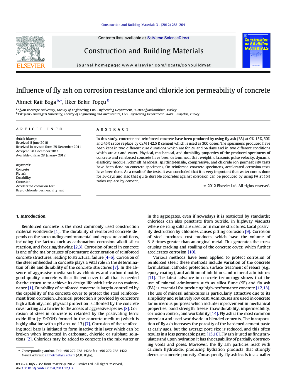 Influence of fly ash on corrosion resistance and chloride ion permeability of concrete