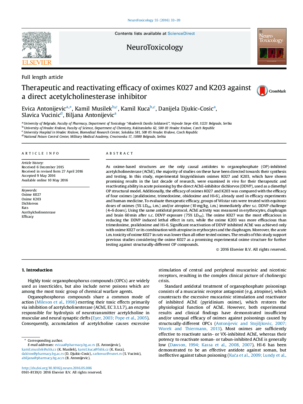 Therapeutic and reactivating efficacy of oximes K027 and K203 against a direct acetylcholinesterase inhibitor