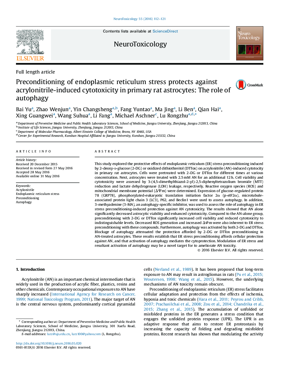 پیشگیری از استرس شبکیه اندوپلاسمی محافظت در برابر سیتوتوکسی سمی ناشی از اکریلونیتریل در آستروسیت های روتین اولیه: نقش اتوفایگی 