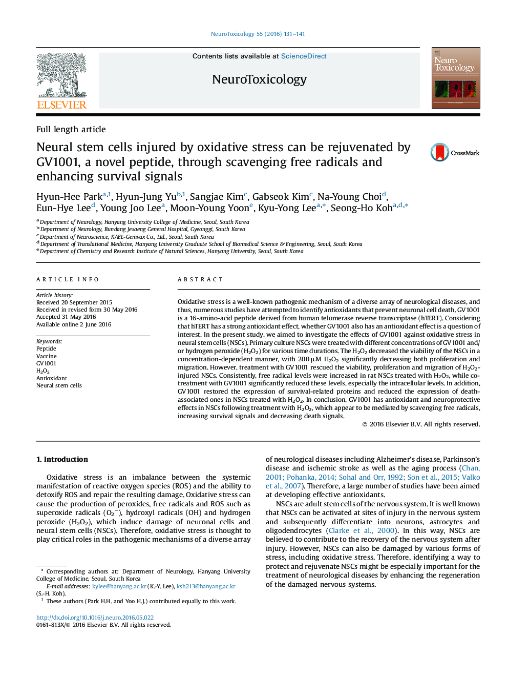 Neural stem cells injured by oxidative stress can be rejuvenated by GV1001, a novel peptide, through scavenging free radicals and enhancing survival signals