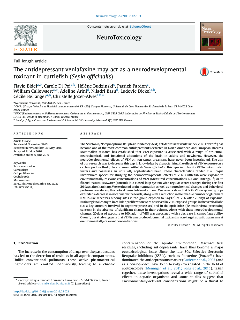 The antidepressant venlafaxine may act as a neurodevelopmental toxicant in cuttlefish (Sepia officinalis)