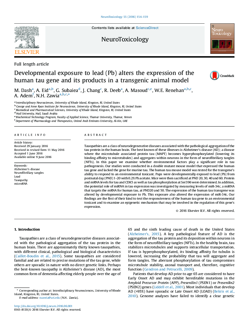Developmental exposure to lead (Pb) alters the expression of the human tau gene and its products in a transgenic animal model