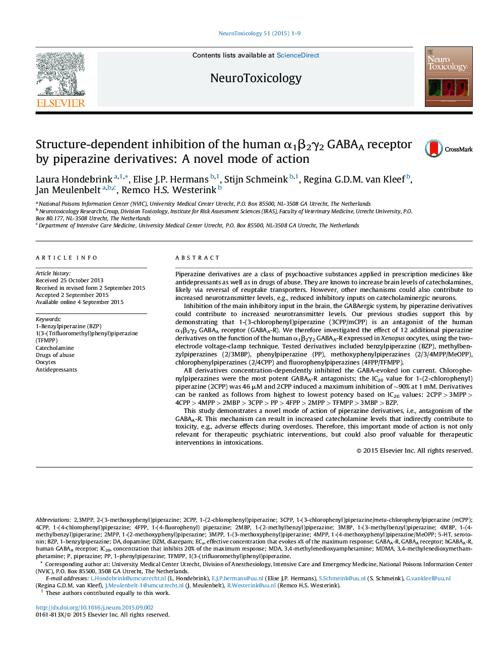 Structure-dependent inhibition of the human α1β2γ2 GABAA receptor by piperazine derivatives: A novel mode of action