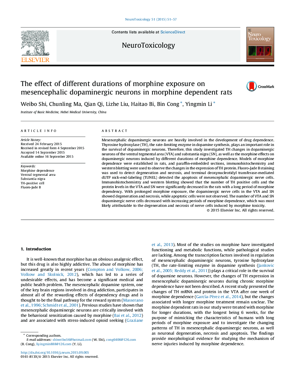 The effect of different durations of morphine exposure on mesencephalic dopaminergic neurons in morphine dependent rats