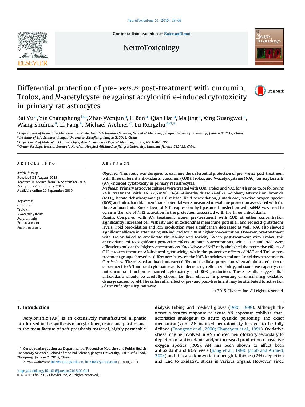 Differential protection of pre- versus post-treatment with curcumin, Trolox, and N-acetylcysteine against acrylonitrile-induced cytotoxicity in primary rat astrocytes