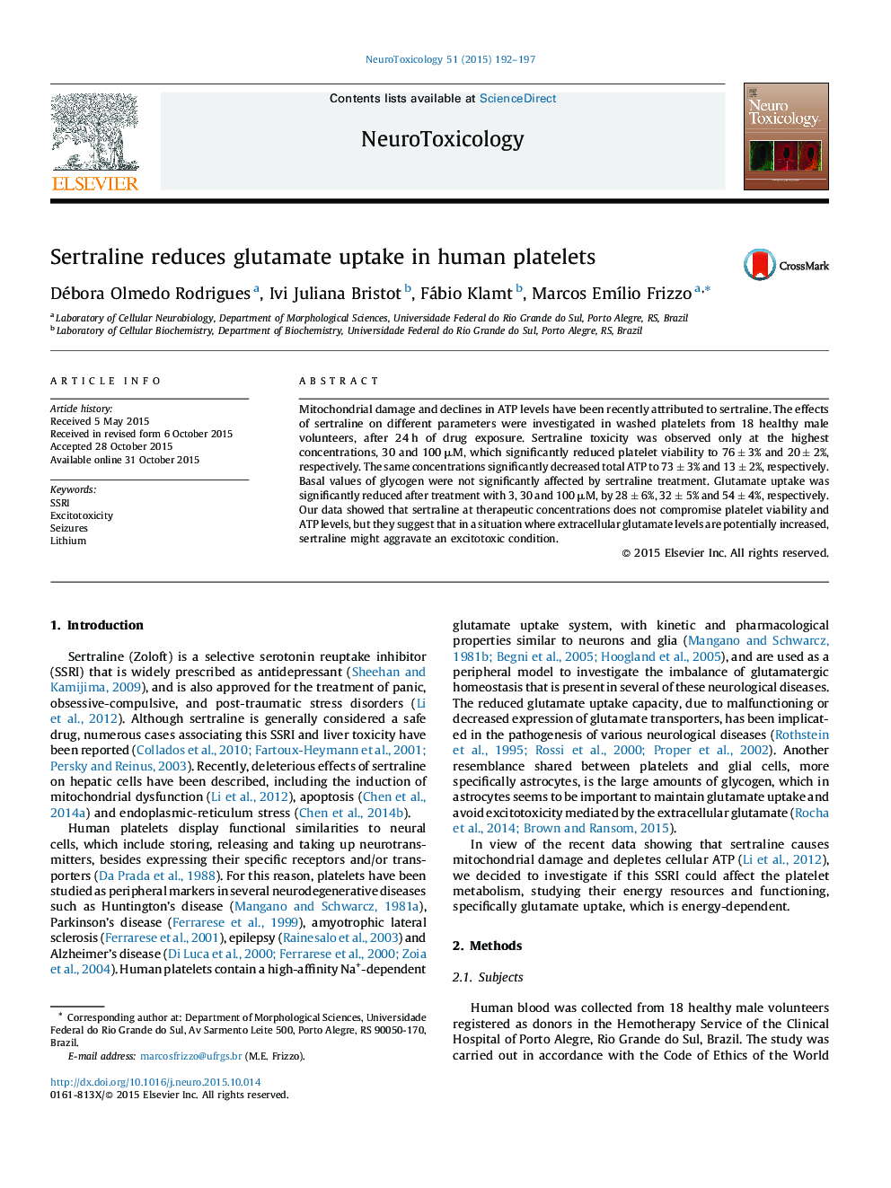 Sertraline reduces glutamate uptake in human platelets