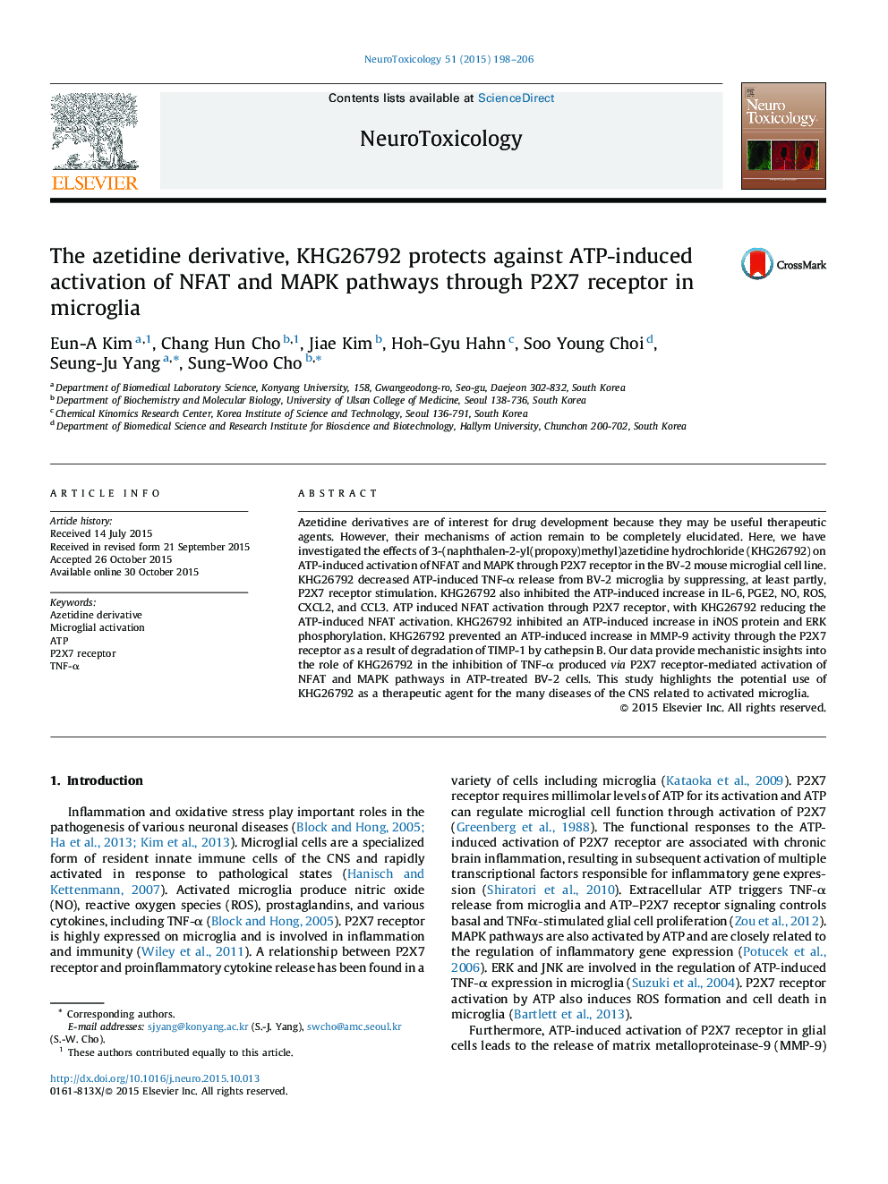 The azetidine derivative, KHG26792 protects against ATP-induced activation of NFAT and MAPK pathways through P2X7 receptor in microglia