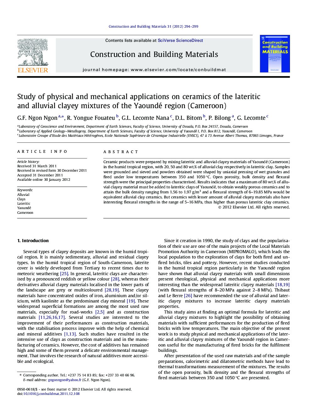 Study of physical and mechanical applications on ceramics of the lateritic and alluvial clayey mixtures of the Yaoundé region (Cameroon)