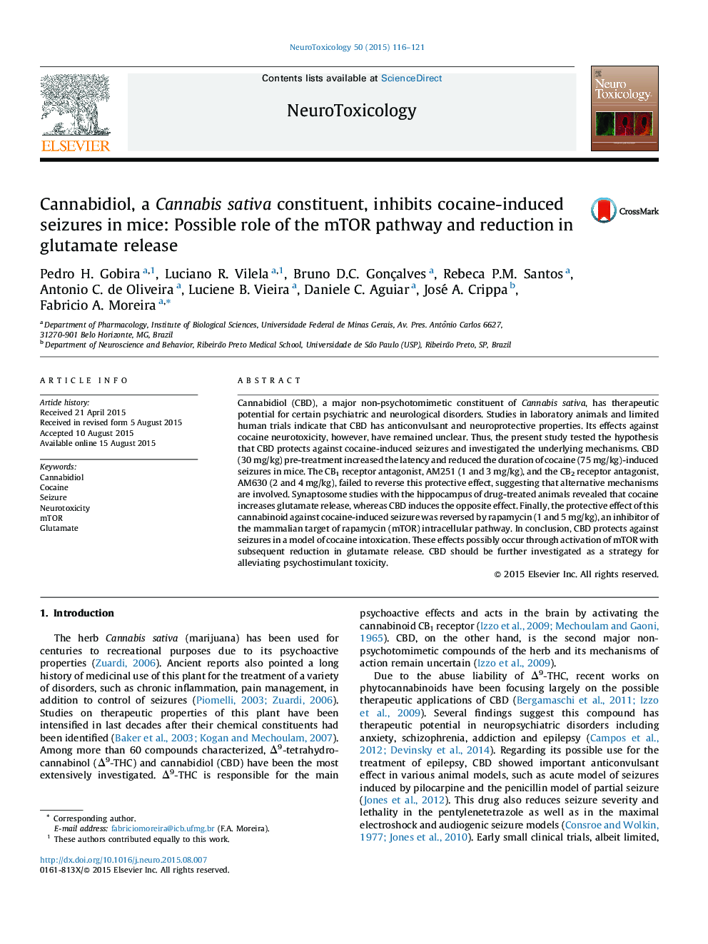 Cannabidiol, a Cannabis sativa constituent, inhibits cocaine-induced seizures in mice: Possible role of the mTOR pathway and reduction in glutamate release