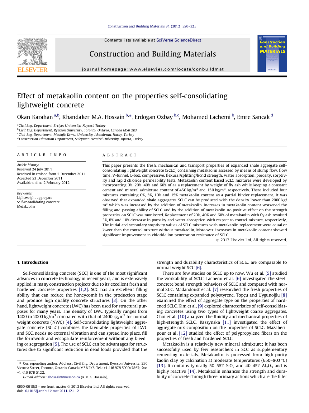 Effect of metakaolin content on the properties self-consolidating lightweight concrete