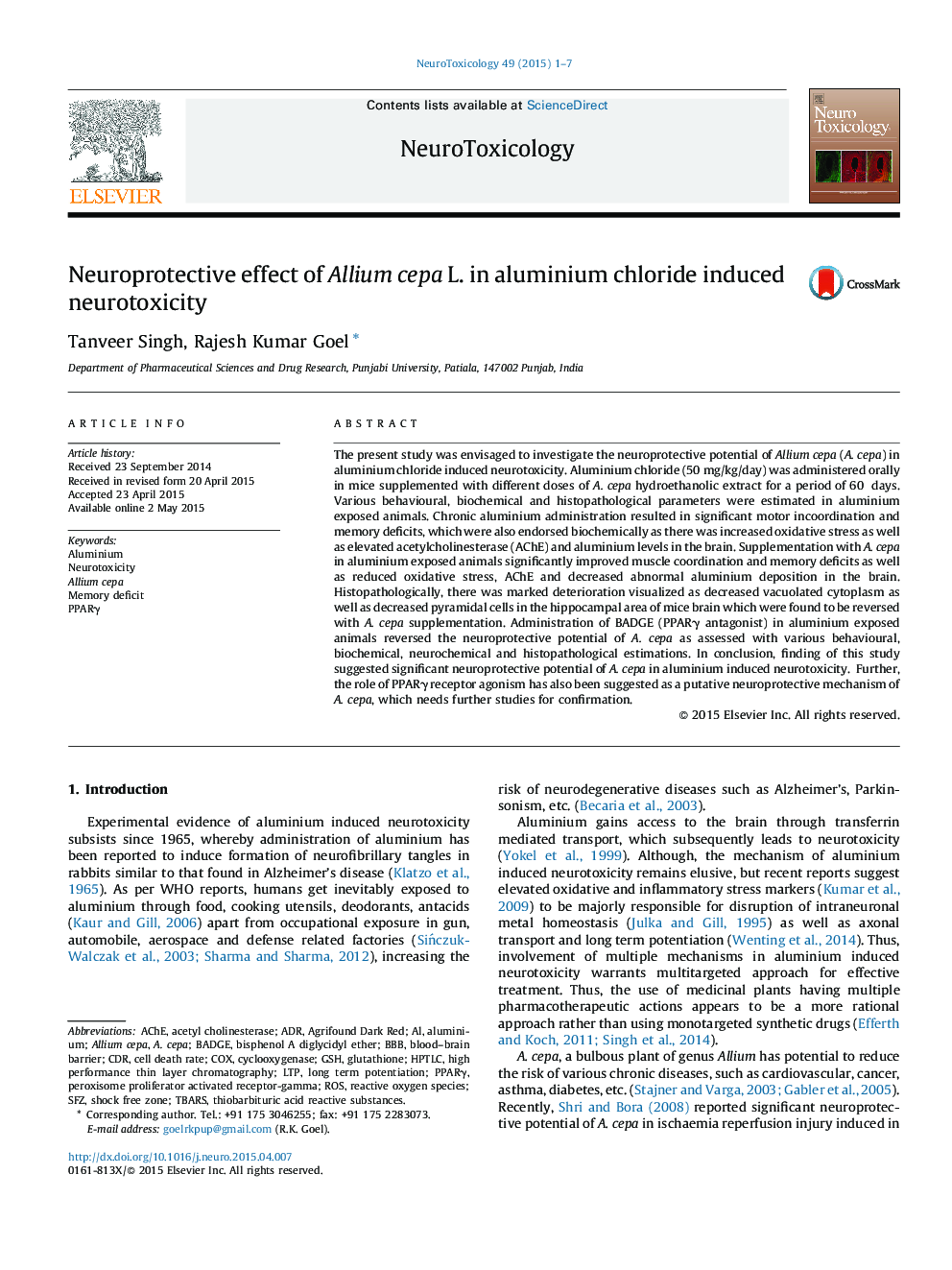 Neuroprotective effect of Allium cepa L. in aluminium chloride induced neurotoxicity
