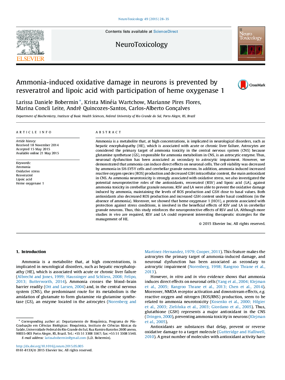 Ammonia-induced oxidative damage in neurons is prevented by resveratrol and lipoic acid with participation of heme oxygenase 1