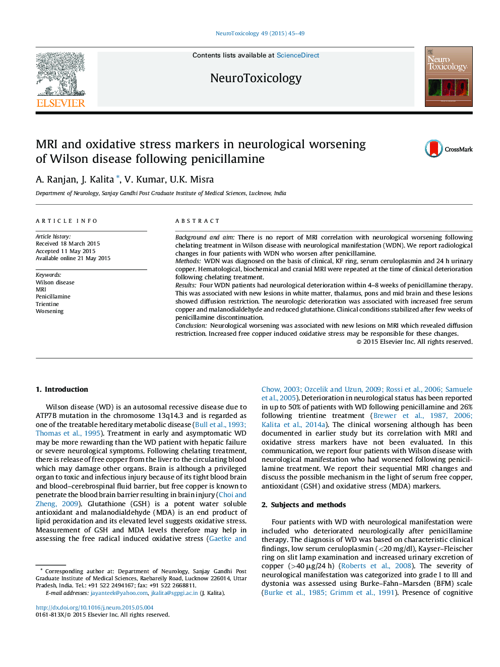 MRI and oxidative stress markers in neurological worsening of Wilson disease following penicillamine