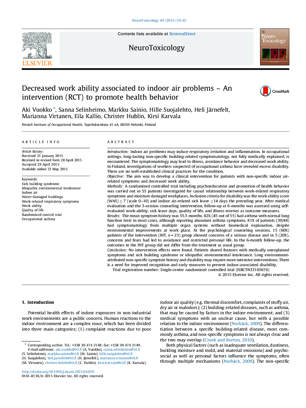 Decreased work ability associated to indoor air problems – An intervention (RCT) to promote health behavior