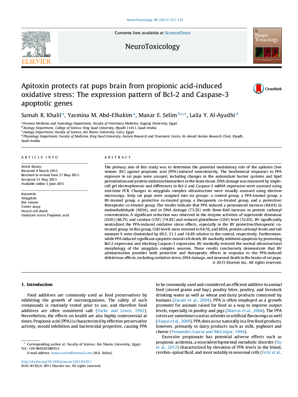 Apitoxin protects rat pups brain from propionic acid-induced oxidative stress: The expression pattern of Bcl-2 and Caspase-3 apoptotic genes