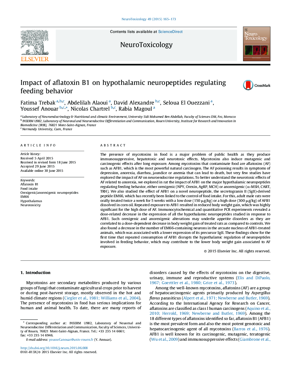 Impact of aflatoxin B1 on hypothalamic neuropeptides regulating feeding behavior